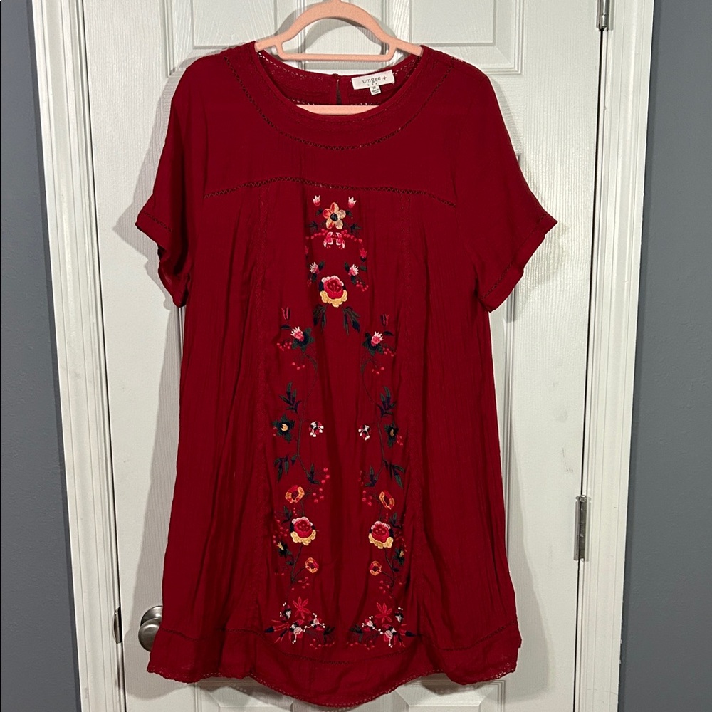 Umgee Red Bohemian Floral Embroidered Tunic Dress women’s size XL